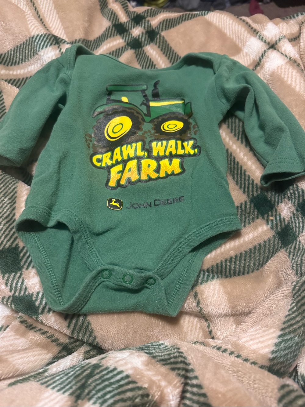 John Deere Green Baby One-Piece with Yellow Tractor Graphic